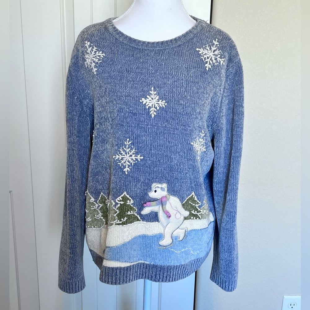 Vintage Alfred Dunner Polar Bear Ice Skating Snowflake Chenille Soft Sz Medium
